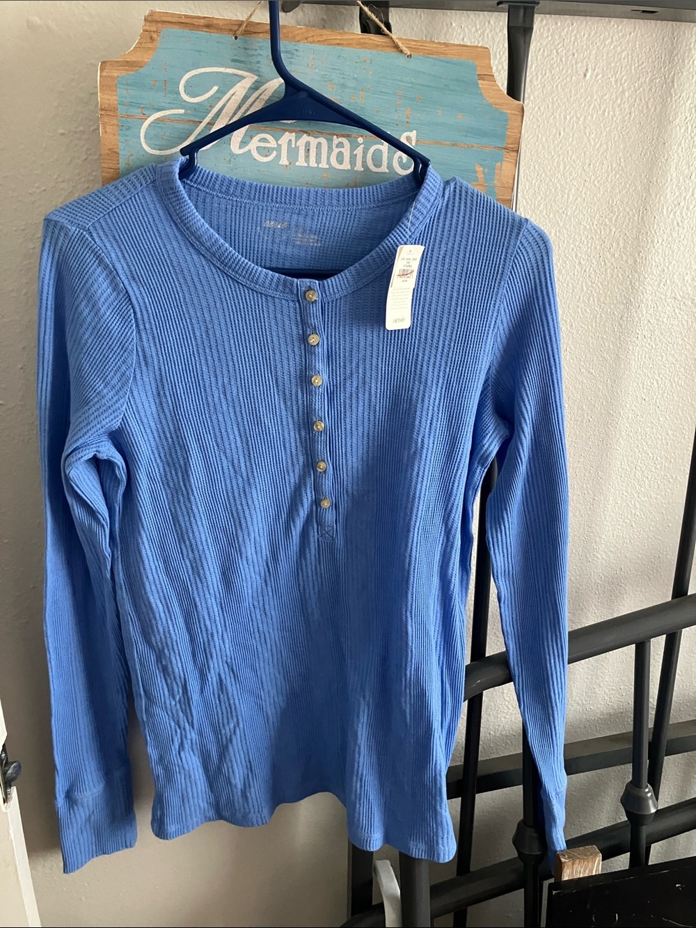 aerie Blue Ribbed Henley Long-Sleeve Top